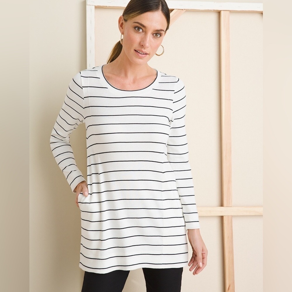 Chico’s Striped 100% Pima Cotton Pocket Tunic Black + White Long Sleeve